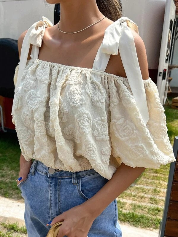 CM-TS636593 Women Casual Seoul Style Jacquard Floral Tie Shoulder Blouse - Apricot