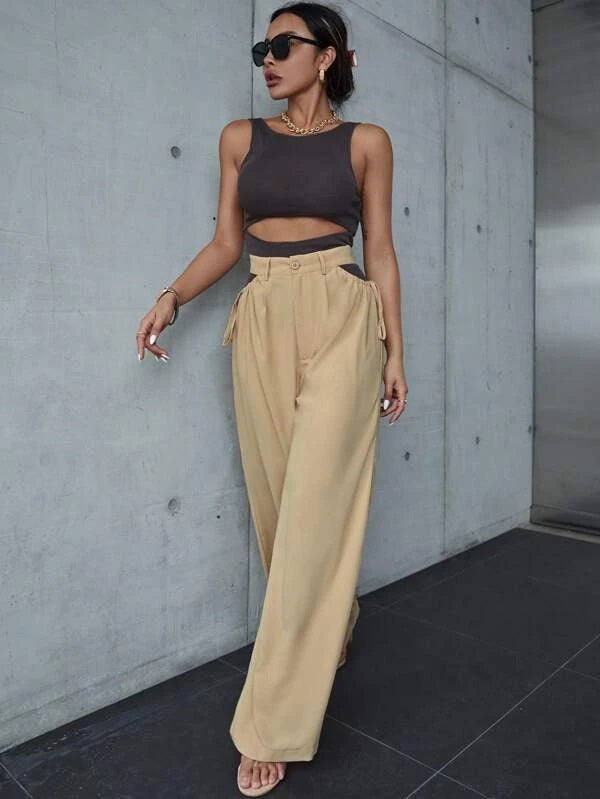 CM-BS380876 Women Casual Seoul Style Cut Out Waist Wide Leg Pants - Khaki