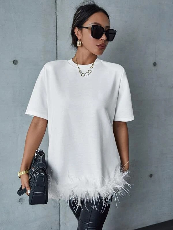 CM-TS393393 Women Elegant Seoul Style Round Neck Fuzzy Trim Solid Tee - White