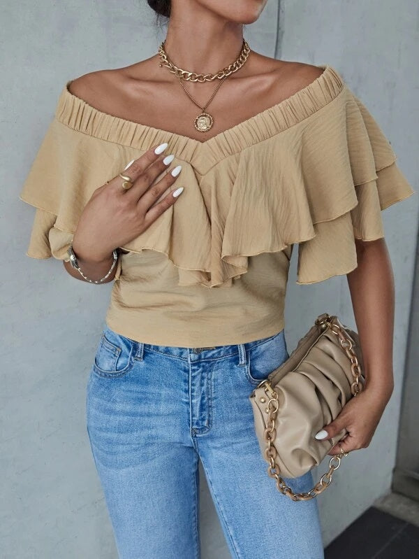 CM-TS735346 Women Casual Seoul Style Off The Shoulder Ruffle Trim Top - Khaki