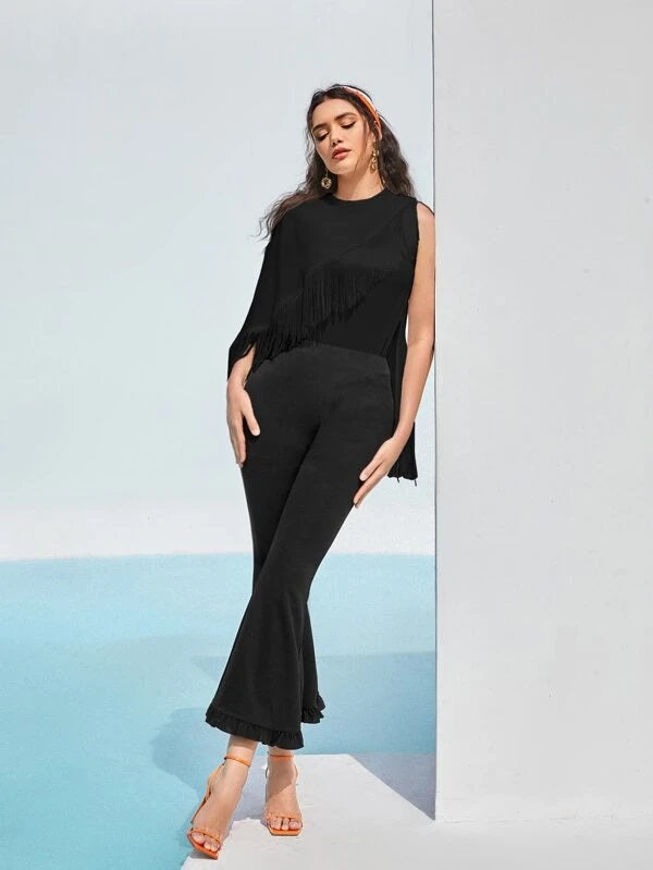 CM-TS339398 Women Casual Seoul Style Fringe Trim Asymmetrical Neck Blouse - Black