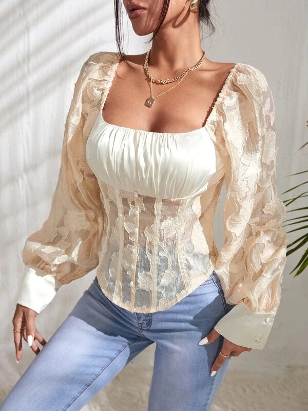 CM-TS511747 Women Casual Seoul Style Jacquard Lantern Sleeve Ruched Bust Satin Blouse
