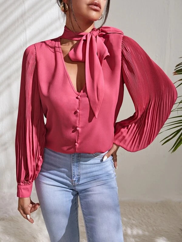 CM-TS364874 Women Elegant Seoul Style Tie Neck Pleated Sleeve Blouse - Hot Pink