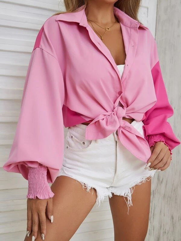 CM-TS326604 Women Casual Seoul Style Two Tone Shirred Cuff Lantern Sleeve Shirt