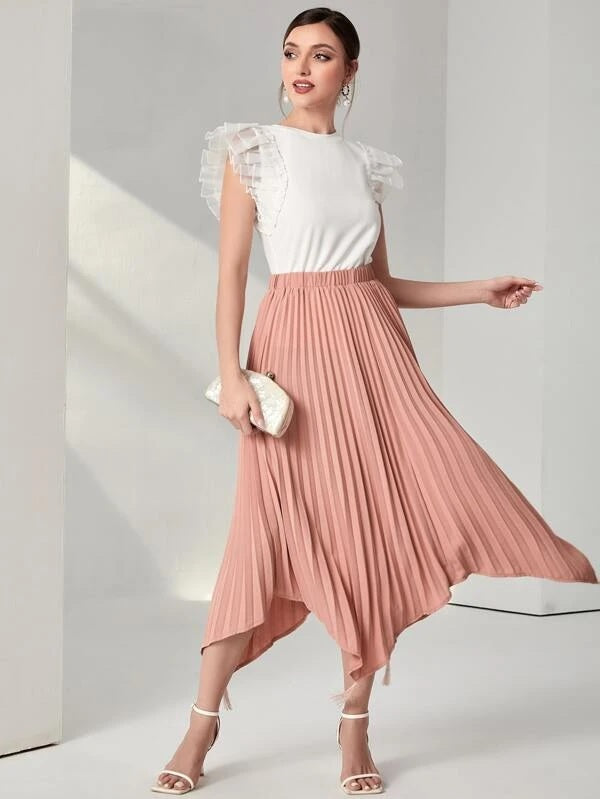 CM-BS503207 Women Elegant Seoul Style Tassel Asymmetrical Hem Pleated Skirt - Coral Pink