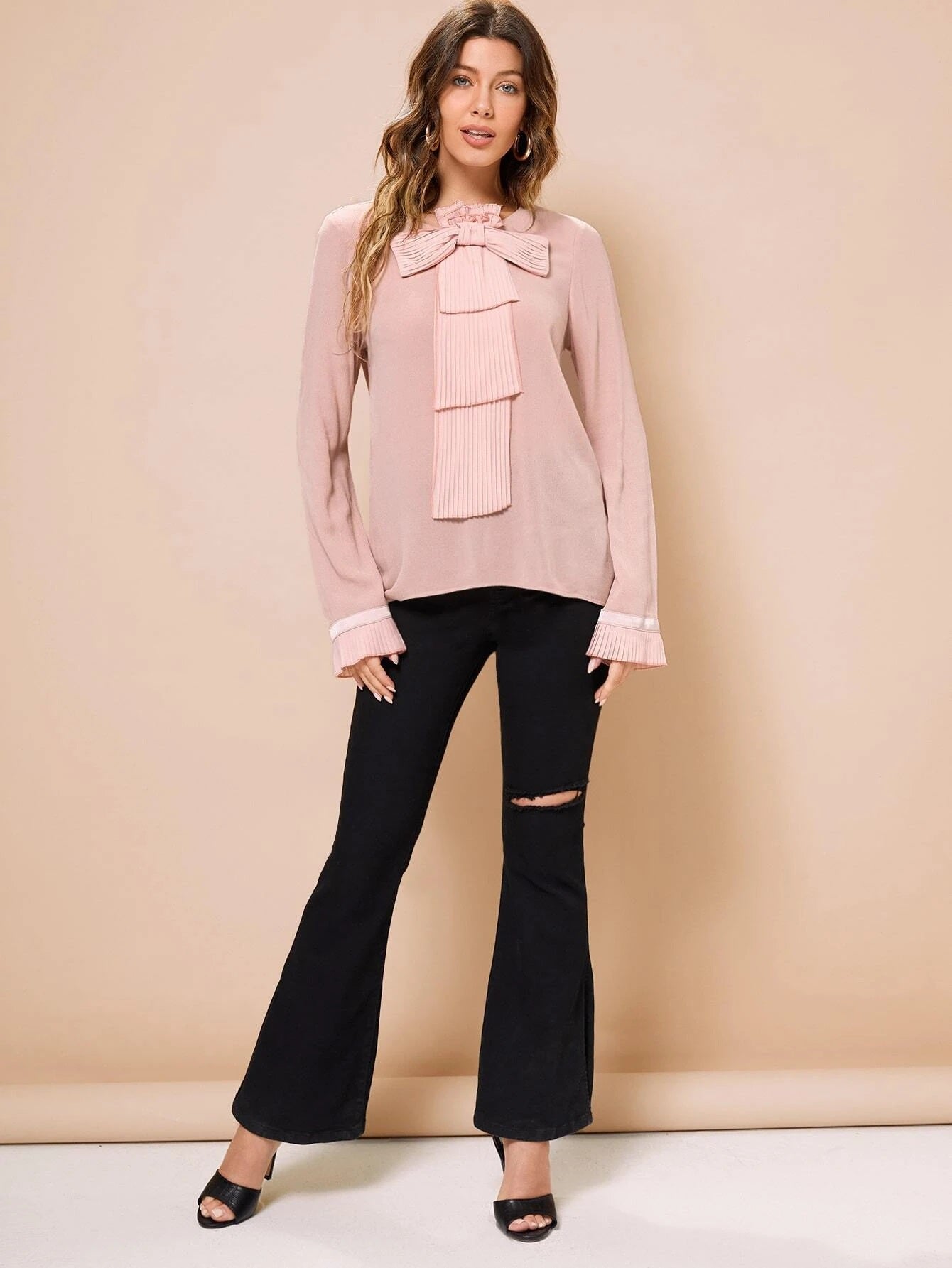CM-TS499387 Women Elegant Seoul Style Bow Front Fold Pleated Long Sleeve Blouse - Dusty Pink