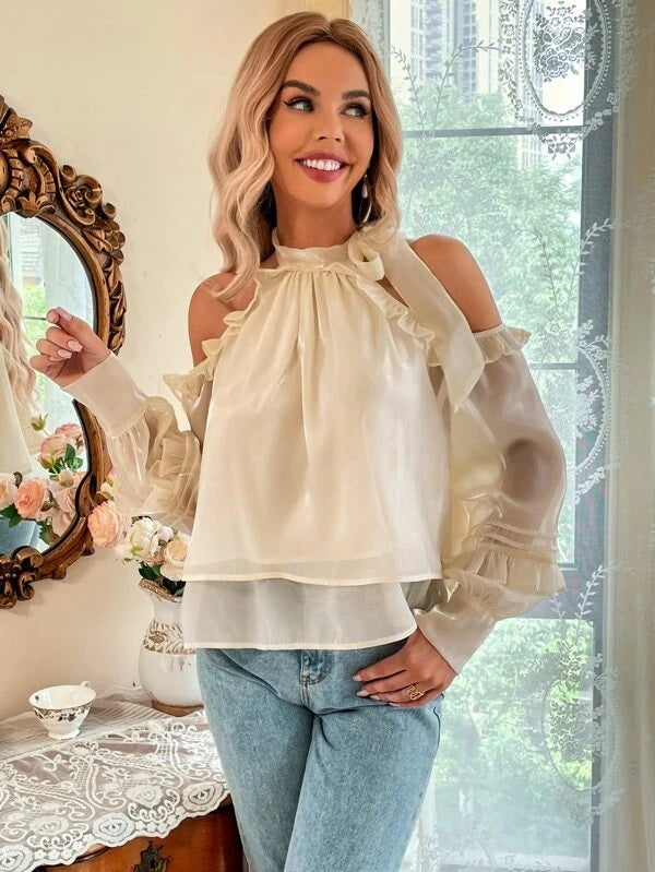 CM-TS858706 Women Romantic Seoul Style Cold Shoulder Tie Neck Bishop Sleeve Blouse - Apricot