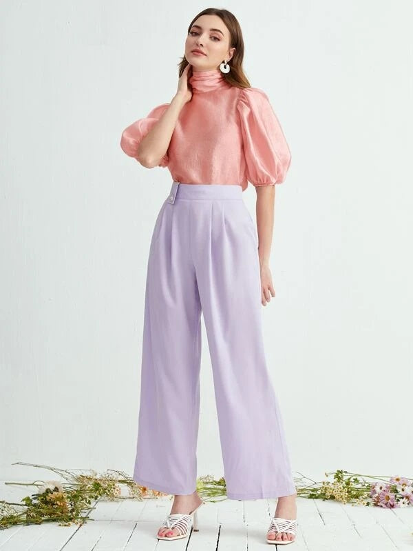 CM-TS028887 Women Casual Seoul Style Tie Back Puff Sleeve Mock Neck Blouse - Pink