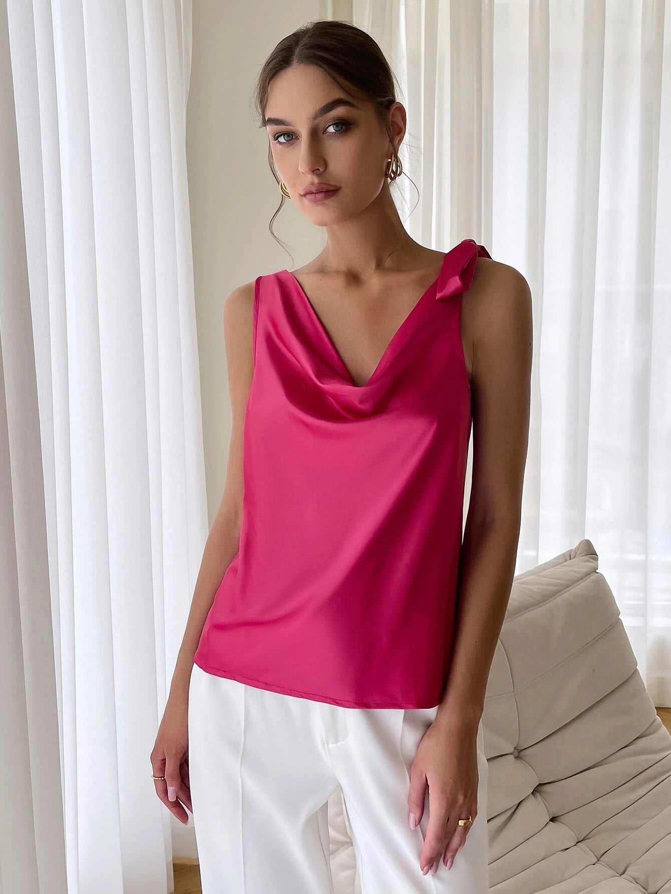 CM-TS355211 Women Elegant Seoul Style Sleeveless Satin Cowl Neck Solid Blouse