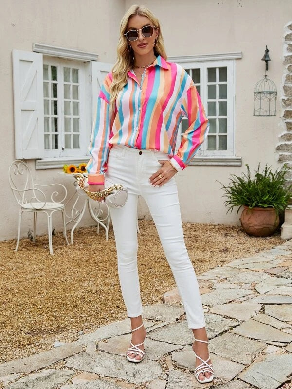 CM-TS588809 Women Casual Seoul Style Colorful Striped Drop Shoulder Shirt