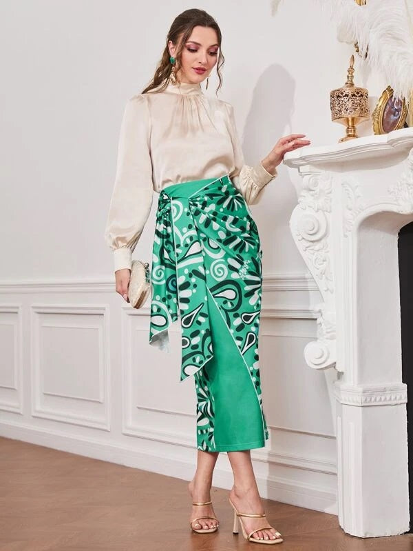 CM-BS127511 Women Trendy Bohemian Style Allover Print Knot Front Skirt - Green