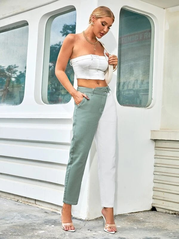 CM-BS209693 Women Casual Seoul Style Two Tone Asymmetrical Waist Jeans