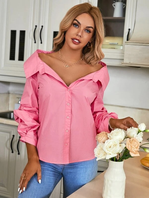 CM-TS220652 Women Casual Seoul Style Solid Ruched Sleeve Button Front Shirt - Pink