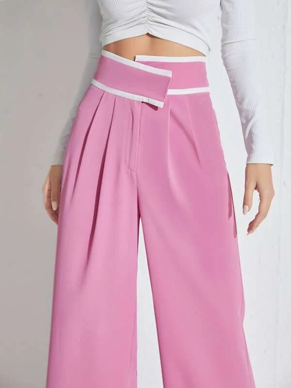 CM-BS155666 Women Elegant Seoul Style High Waist Contrast Binding Wide Leg Pants