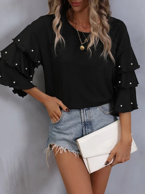 CM-TS799138 Women Elegant Seoul Style Pearls Beaded Layered Sleeve Tee - Black