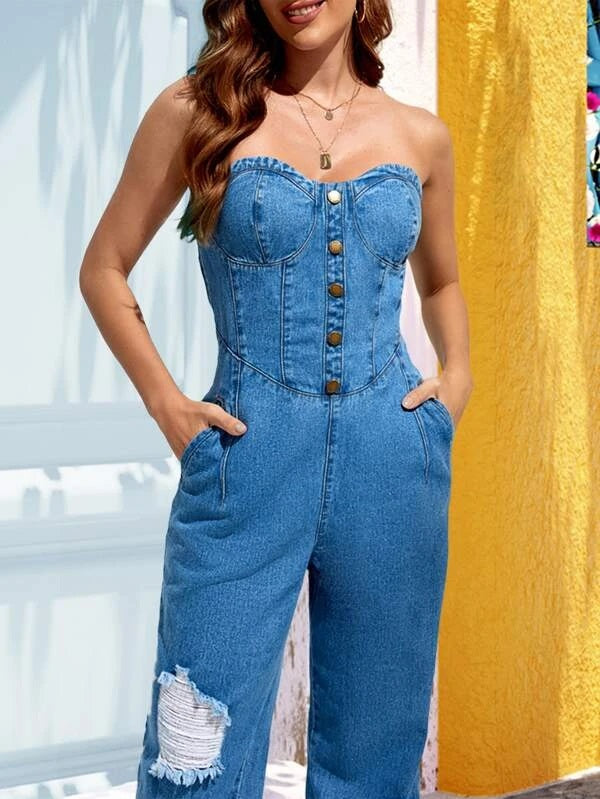 CM-JS666519 Women Preppy Seoul Style Ripped Button Front Backless Tube Denim Jumpsuit