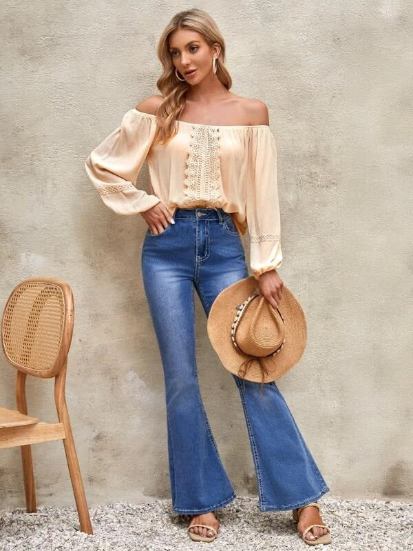 CM-TS272424 Women Trendy Bohemian Style Off Shoulder Guipure Lace Insert Blouse - Apricot