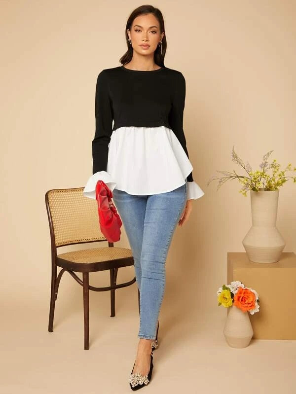 CM-TS764524 Women Casual Seoul Style Two Tone Flounce Sleeve Peplum Top