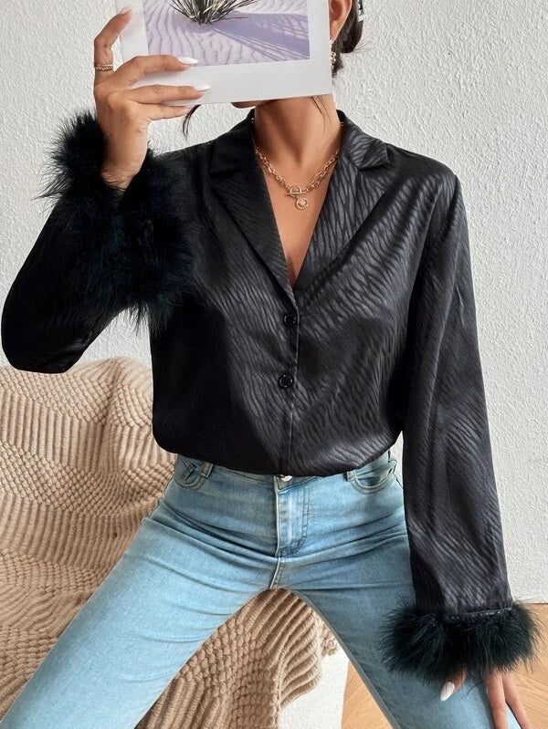 CM-TS996579 Women Elegant Seoul Style Fuzzy Cuff Trim Button Front Shirt - Black