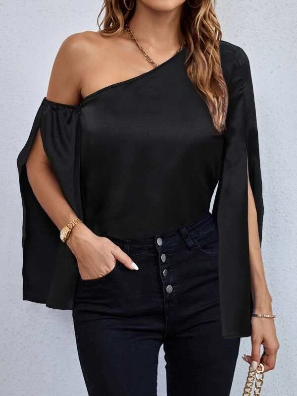 CM-TS602222 Women Casual Seoul Style Asymmetrical Neck Split Sleeve Blouse - Black