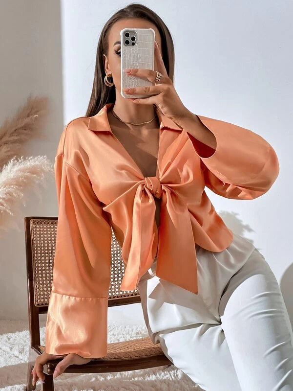 CM-TS310578 Women Casual Seoul Style Long Sleeve Solid Tie Front Crop Blouse - Orange