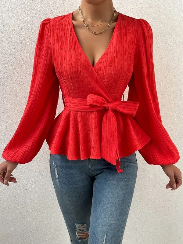CM-TS990909 Women Elegant Seoul Style Surplice Neck Lantern Sleeve Peplum Top - Red