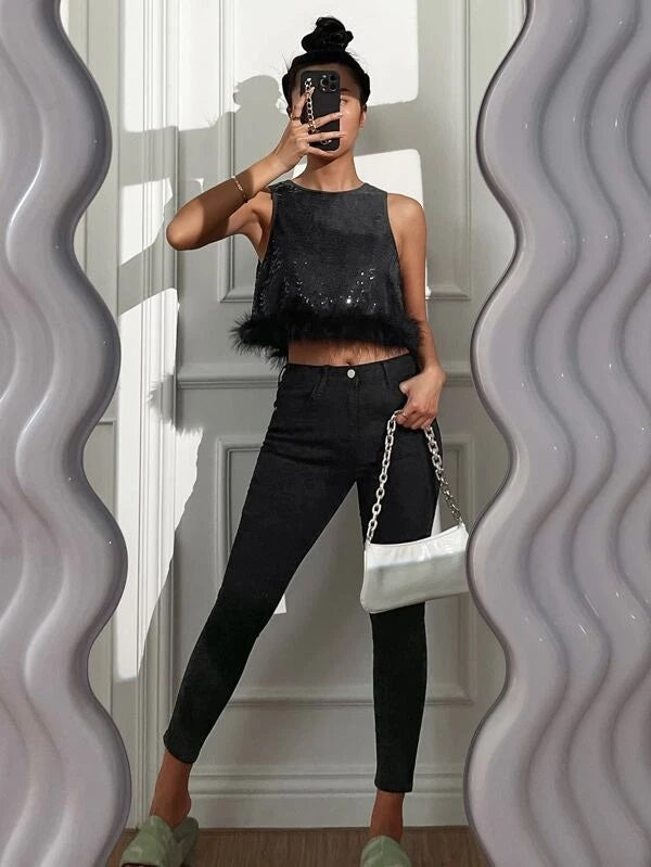 CM-TS240066 Women Elegant Seoul Style Contrast Fuzzy Trim Crop Sequin Tank Top