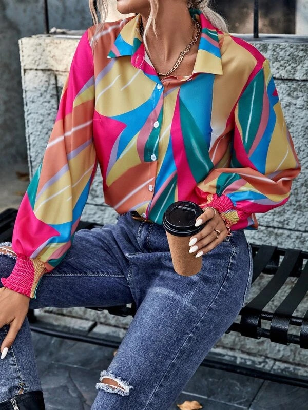 CM-TS152132 Women Casual Seoul Style Colorblock Bishop Sleeve Shirred Cuff Shirt