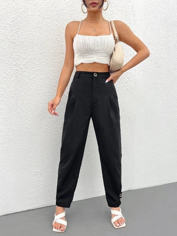 CM-BS671761 Women Casual Seoul Style High Waist Solid Button Detail Pants - Black