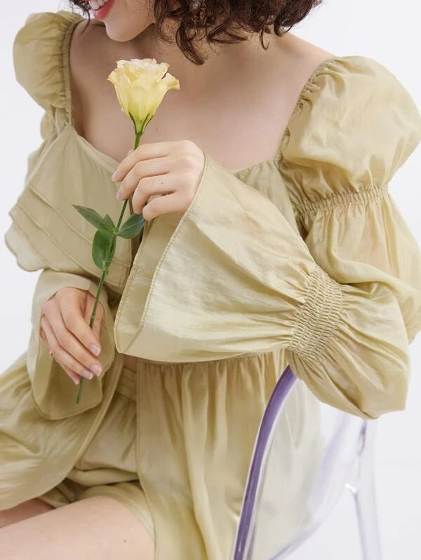 CM-TS941774 Women Casual Seoul Style Flounce Sleeve Peplum Blouse - Khaki