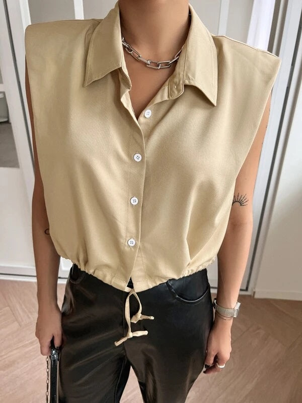 CM-TS970179 Women Casual Seoul Style Sleeveless Solid Button Front Shirt - Khaki