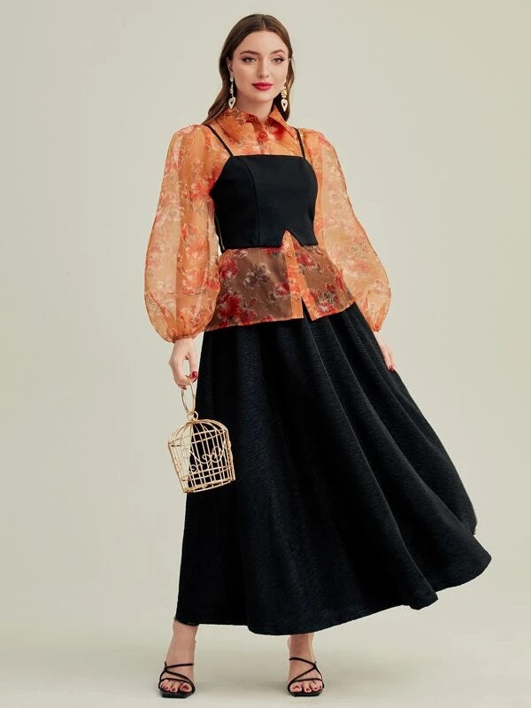 CM-TS789068 Women Elegant Seoul Style Lantern Sleeve Buttoned Floral Organza Shirt With Camisole