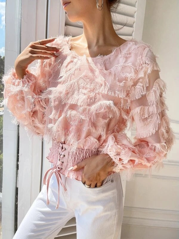 CM-TS792990 Women Elegant Seoul Style Lantern Sleeve Lace Up Shirred Hem Fuzzy Top