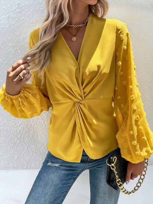CM-TS238027 Women Casual Seoul Style Swiss Dot Twist Front Blouse - Yellow