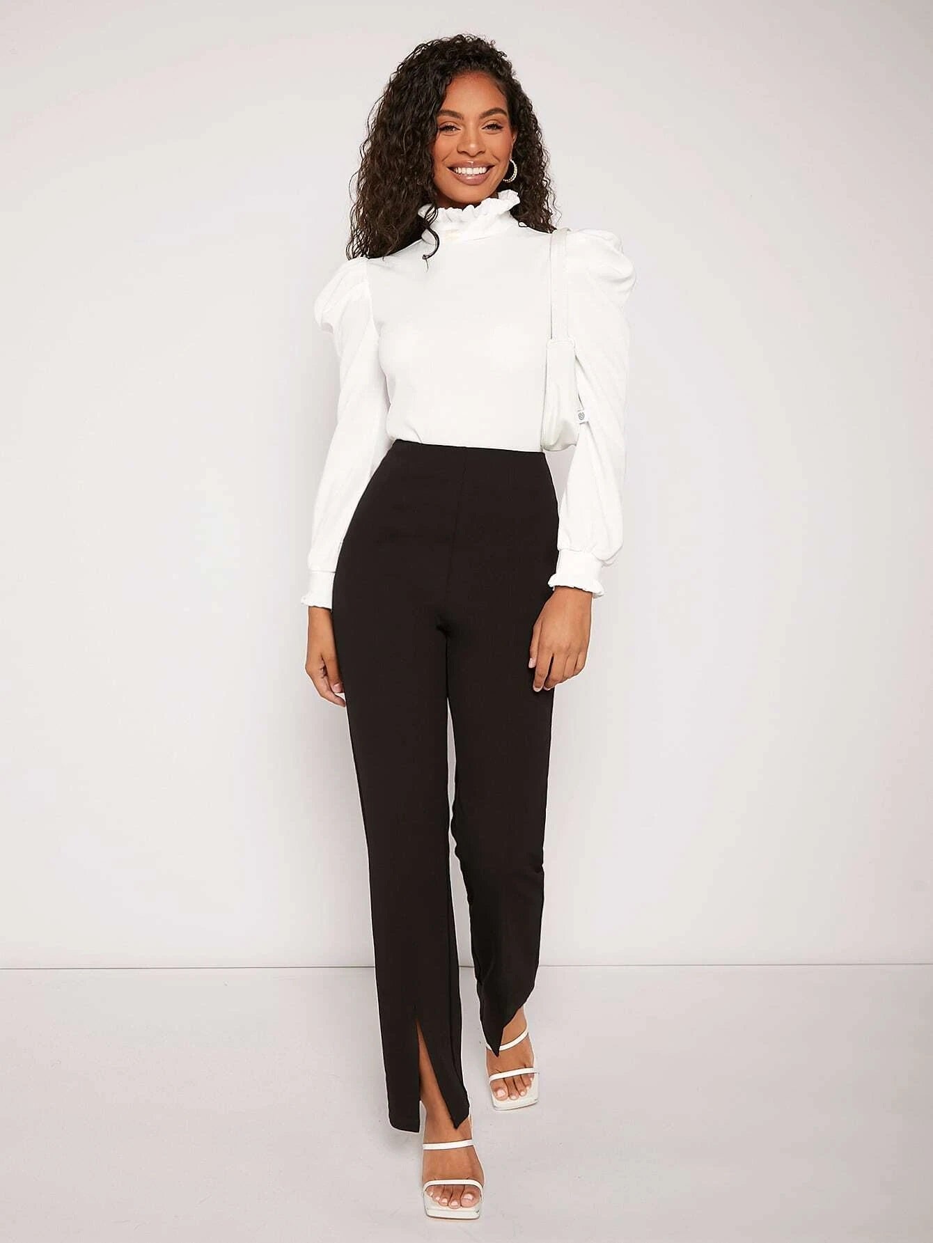 CM-TS611218 Women Elegant Seoul Style Frill Trim High Neck Gigot Sleeve Tee - White