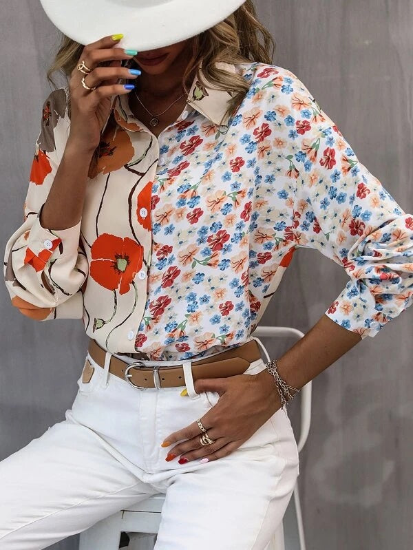 CM-TS491055 Women Casual Seoul Style Long Sleeve Floral Print Button Front Shirt