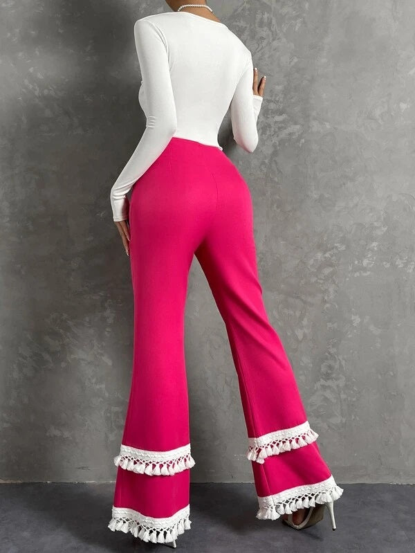 CM-BS376232 Women Elegant Seoul Style Fringe Trim Flare Leg Pants - Hot Pink