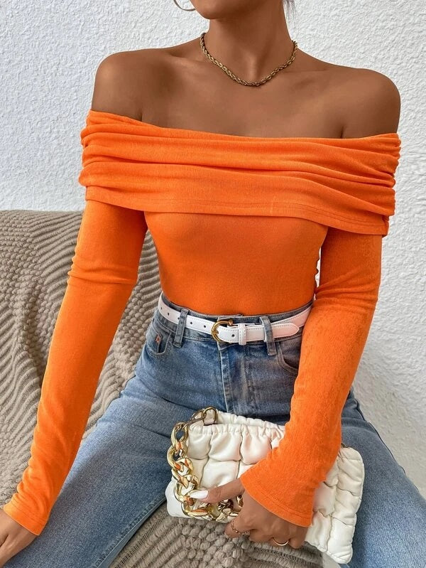 CM-TS831785 Women Casual Seoul Style Off Shoulder Fold Pleated Tee - Orange