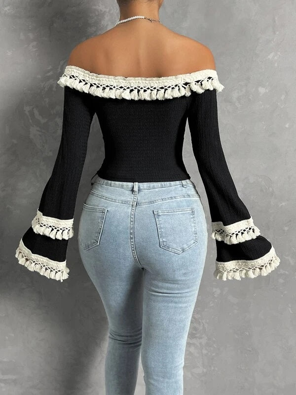 CM-TS157354 Women Trendy Bohemian Style Off Shoulder Fringe Trim Flounce Sleeve Top