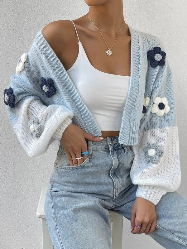 CM-CS738833 Women Casual Seoul Style Floral Color-block Drop Shoulder Duster Cardigan