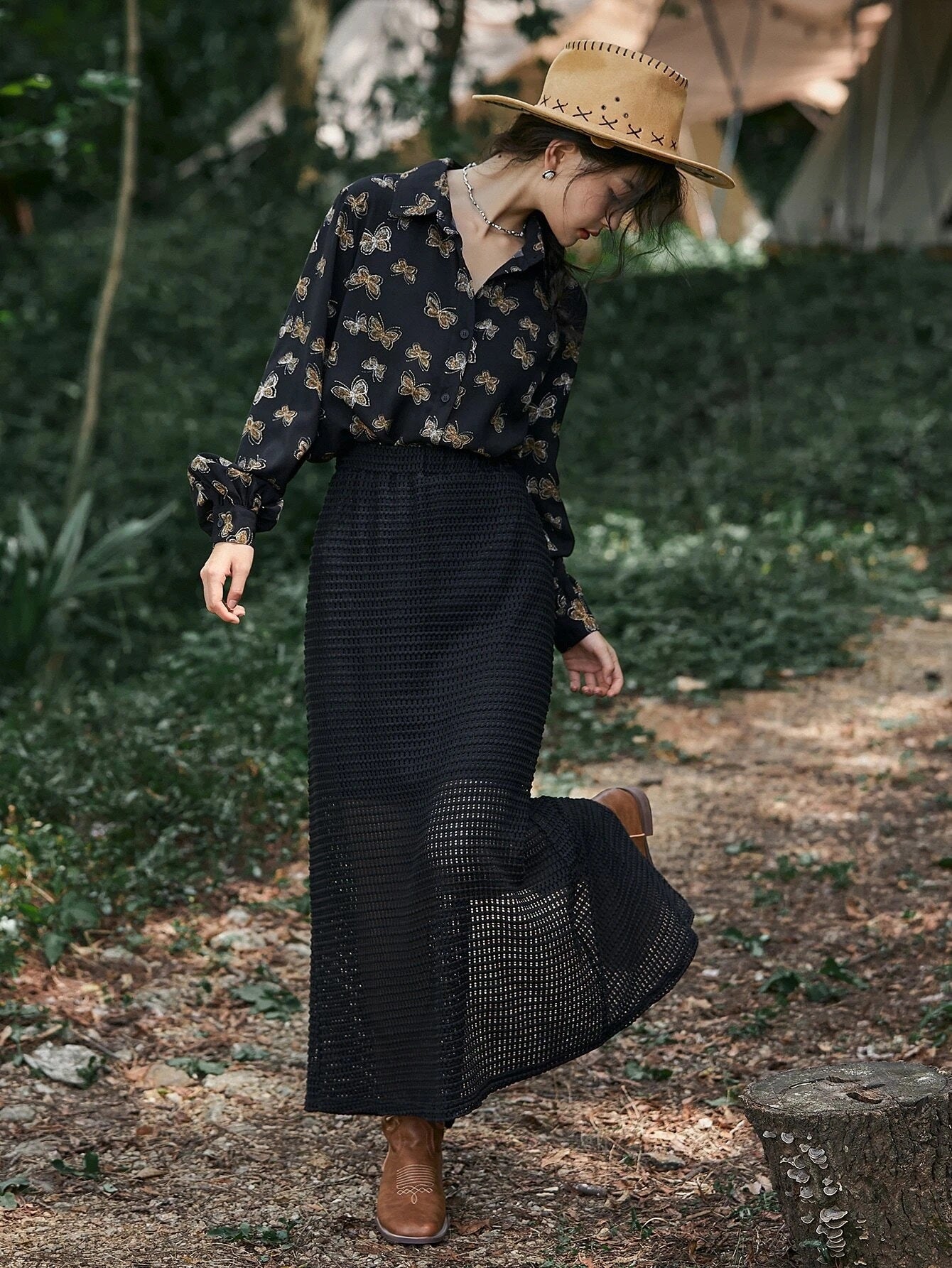 CM-BS973341 Women Trendy Bohemian Style Solid Crochet Longline Skirt - Black