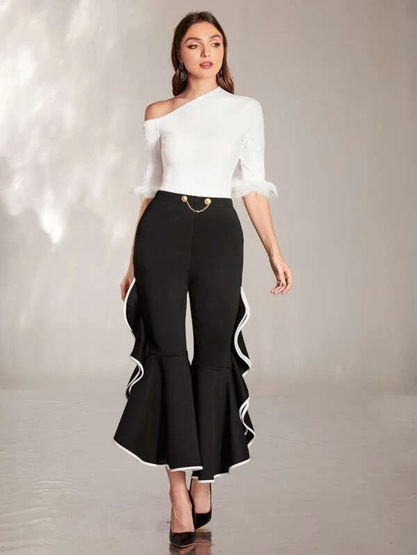 CM-TS782292 Women Elegant Seoul Style Asymmetrical Neck Fuzzy Cuff Tee - White