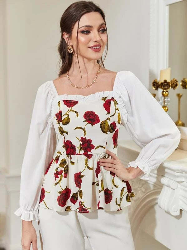CM-TS860043 Women Trendy Bohemian Style Floral Print Flounce Sleeve Peplum Blouse