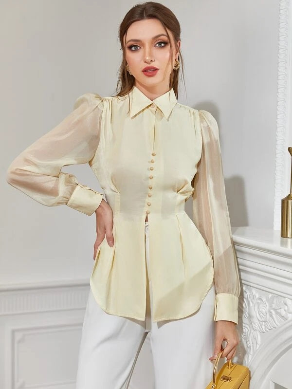CM-TS345559 Women Elegant Seoul Style Lantern Sleeve Fold Pleated Shirt - Yellow