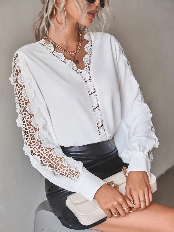 CM-TS057612 Women Elegant Seoul Style Guipure Lace Insert Lantern Sleeve Blouse - White
