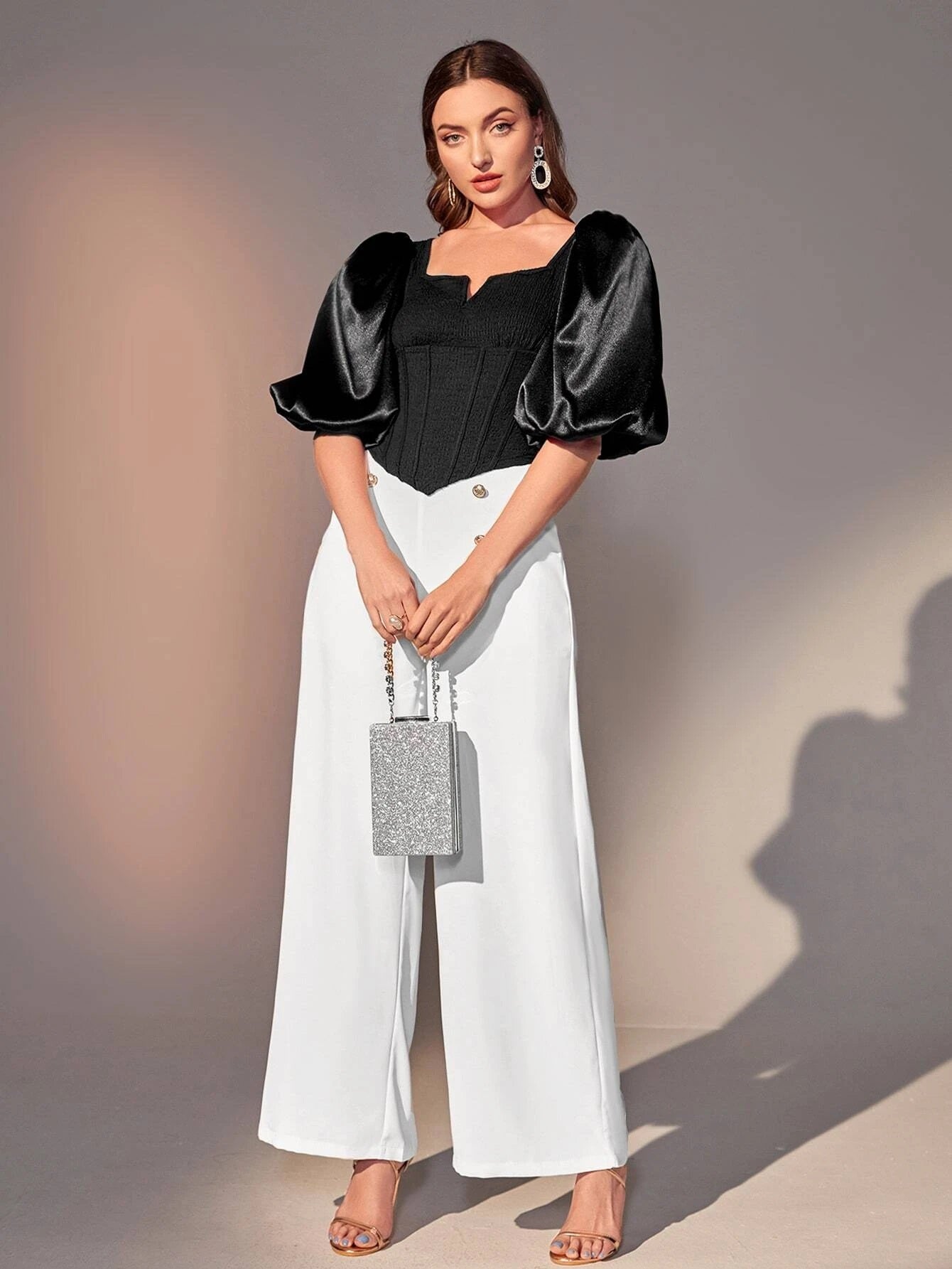 CM-TS626068 Women Elegant Seoul Style Sweetheart Neck Puff Sleeve Blouse - Black