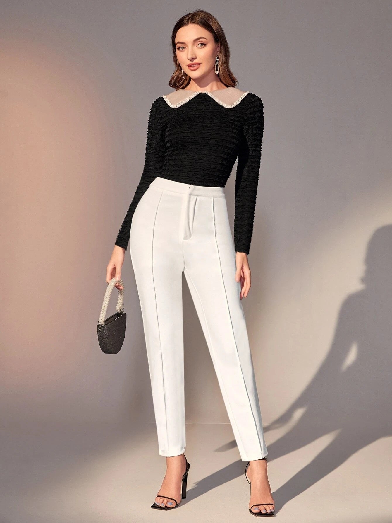 CM-TS680988 Women Elegant Seoul Style Petter Pan Collar Pearls Detail Textured Tee