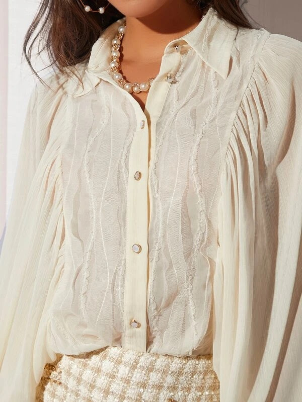 CM-TS822878 Women Elegant Seoul Style Collar Lantern Sleeve Sheer Shirt - Beige