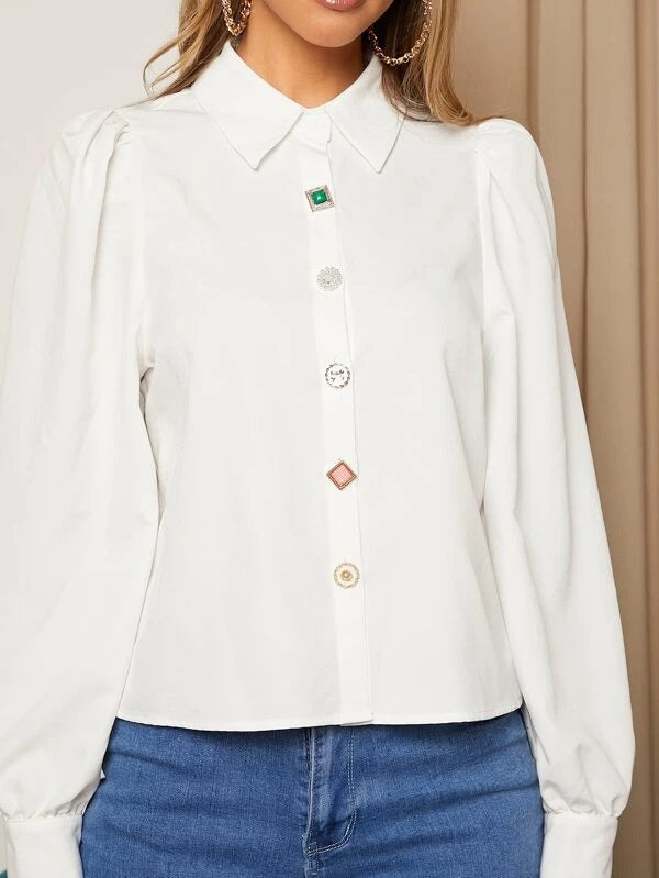CM-TS125974 Women Casual Seoul Style Puff Sleeve Button Front Shirt - White