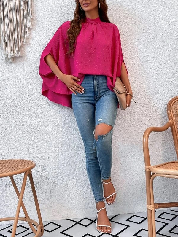 CM-TS427945 Women Casual Seoul Style Swiss Dot Tie Back Batwing Sleeve Blouse - Hot Pink